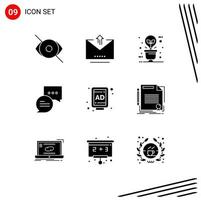 9 Thematic Vector Solid Glyphs and Editable Symbols of ad chatting upload chat illumination Editable Vector Design Elements