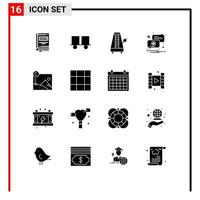 Mobile Interface Solid Glyph Set of 16 Pictograms of pin location forklift truck sound metronome Editable Vector Design Elements