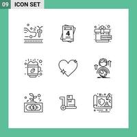 User Interface Pack of 9 Basic Outlines of favorite love gift heart coffee Editable Vector Design Elements