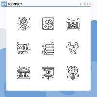 paquete de 9 signos y símbolos de contornos modernos para medios de impresión web, como anuncios de monedas, instrumentos de primeros auxilios, tambores, elementos de diseño de vectores editables