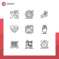 Pictogram Set of 9 Simple Outlines of business favorite growth like heart Editable Vector Design Elements