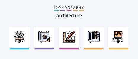 la línea de arquitectura llenó el paquete de 5 íconos, incluida la mano de obra. Obrero. imprimir. arquitecto. medida. diseño de iconos creativos vector