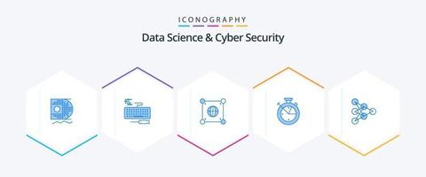 Paquete de 25 íconos azules de ciencia de datos y seguridad cibernética que incluye deep . ciencia de datos globo. reloj. medida vector