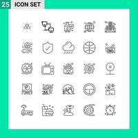 Pack of 25 Modern Lines Signs and Symbols for Web Print Media such as building map sync world shield Editable Vector Design Elements