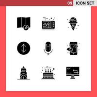 Pack of 9 Modern Solid Glyphs Signs and Symbols for Web Print Media such as building preview arrows process microphone Editable Vector Design Elements