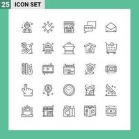 User Interface Pack of 25 Basic Lines of mail mail bar chat shop Editable Vector Design Elements