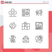 Group of 9 Outlines Signs and Symbols for map cloud scince loud data scince reporting Editable Vector Design Elements