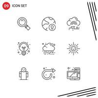 Mobile Interface Outline Set of 9 Pictograms of idea science protection electricity connect Editable Vector Design Elements