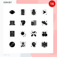 Group of 16 Solid Glyphs Signs and Symbols for computer network alarm direction security Editable Vector Design Elements