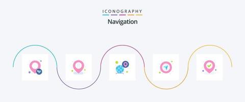 paquete de iconos de 5 planos de navegación que incluye mapa. navegación. en todo el mundo. GPS. alfiler vector