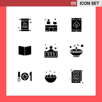 Modern Set of 9 Solid Glyphs Pictograph of cover page app book upload Editable Vector Design Elements