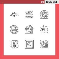 9 Thematic Vector Outlines and Editable Symbols of lighting lamp helmet home decorate roll Editable Vector Design Elements