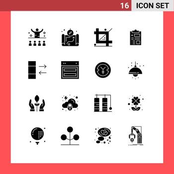 Conjunto de 16 glifos sólidos universales para aplicaciones web y móviles, registro de codificación de salud de columna, programación de elementos de diseño de vectores editables