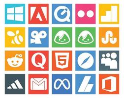 Paquete de 20 íconos de redes sociales que incluye gmail myspace stumbleupon browser html vector