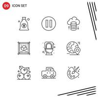 conjunto de 9 iconos modernos de la interfaz de usuario signos de símbolos para inodoro inodoro red en la nube papel de baño elementos de diseño vectorial editables vector