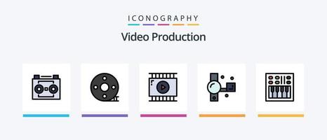 la línea de producción de video llenó un paquete de 5 íconos que incluye un rayo. iluminación. altavoz. hacer cine badajo. diseño de iconos creativos vector