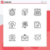 Universal Icon Symbols Group of 9 Modern Outlines of lamp bulb camping search media Editable Vector Design Elements