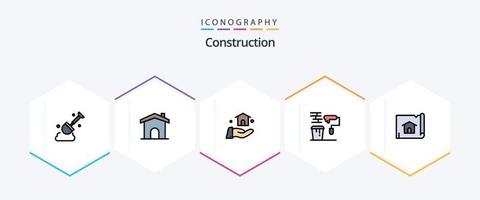 Paquete de íconos de 25 líneas completas de construcción que incluye mapa. edificio. construir. herramientas. pintura vector