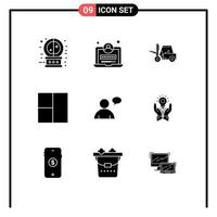 Solid Glyph Pack of 9 Universal Symbols of bulb user lifting chatting layout Editable Vector Design Elements