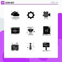 9 Thematic Vector Solid Glyphs and Editable Symbols of cook wave movi sequence frequency Editable Vector Design Elements