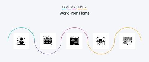 Work From Home Glyph 5 Icon Pack Including coding. office desk. chat. monitor. computer table vector