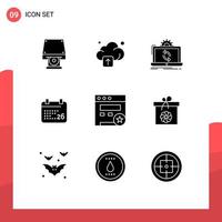 Set of 9 Commercial Solid Glyphs pack for seo jan processing indian republic day indian Editable Vector Design Elements