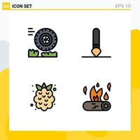 Mobile Interface Filledline Flat Color Set of 4 Pictograms of friction strawberry brush food camp fire Editable Vector Design Elements