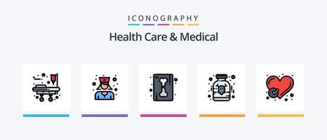 la atención de la salud y la línea médica llenaron un paquete de 5 iconos, incluida la enfermera. corazón. primero. cuidado. seguro. diseño de iconos creativos vector