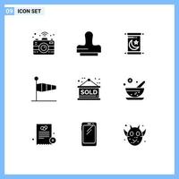 Pack of 9 creative Solid Glyphs of unavailable sold holy sign speed Editable Vector Design Elements