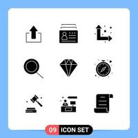 Set of 9 Vector Solid Glyphs on Grid for clock gift identification diamond search Editable Vector Design Elements