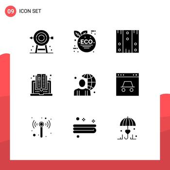 9 conjunto de glifos sólidos universales para aplicaciones web y móviles usuario caja en línea computadora madera elementos de diseño vectorial editables vector