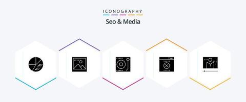 Seo and Media 25 Glyph icon pack including media. broadcast. audio. wrong. error vector