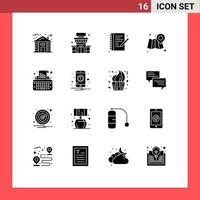 16 Thematic Vector Solid Glyphs and Editable Symbols of typewriter keys hobbies map web Editable Vector Design Elements