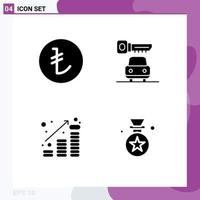 Pack of 4 creative Solid Glyphs of turkish money car coins star Editable Vector Design Elements