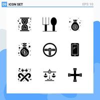 Modern Set of 9 Solid Glyphs Pictograph of wheel device finance controller money Editable Vector Design Elements