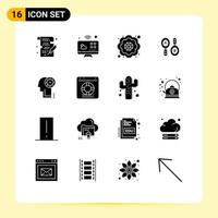 Modern Set of 16 Solid Glyphs Pictograph of gear brainstorming decorative computing search Editable Vector Design Elements