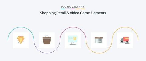 Shoping Retail And Video Game Elements Flat 5 Icon Pack Including delivery . shopping. computer . code. bar vector