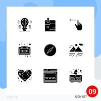 Set of 9 Vector Solid Glyphs on Grid for compass tape finger cassette audio Editable Vector Design Elements