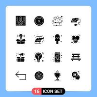 Editable Vector Line Pack of 16 Simple Solid Glyphs of light bulb process box iron Editable Vector Design Elements