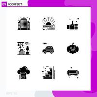 Set of 9 Commercial Solid Glyphs pack for transport auto finger chandeliers home Editable Vector Design Elements