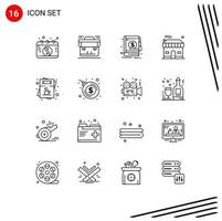 conjunto de 16 contornos vectoriales en cuadrícula para elementos de diseño vectorial editables de bloc de notas de tienda de maleta real de café vector