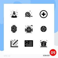 Universal Icon Symbols Group of 9 Modern Solid Glyphs of heart watch ruler handwatch plus Editable Vector Design Elements