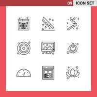 Pack of 9 Modern Outlines Signs and Symbols for Web Print Media such as video disk knife cd match Editable Vector Design Elements