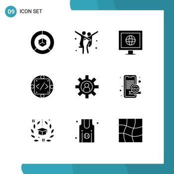paquete de 9 glifos sólidos creativos de elementos de diseño vectorial editables del código de implementación del partido de gestión de atención al cliente vector