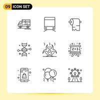 Pack of 9 Modern Outlines Signs and Symbols for Web Print Media such as danger biohazard paper genetic research genetic engineering Editable Vector Design Elements