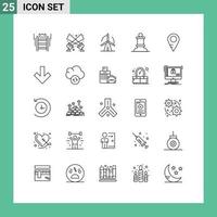 Pack of 25 Modern Lines Signs and Symbols for Web Print Media such as location figure disco light chess power Editable Vector Design Elements