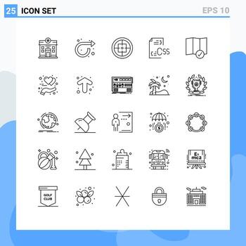 conjunto de líneas de interfaz móvil de 25 pictogramas de archivo desarrollar ejército css objetivo elementos de diseño vectorial editables vector