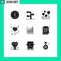 Pack of 9 Modern Solid Glyphs Signs and Symbols for Web Print Media such as graph glass camping drink tree Editable Vector Design Elements