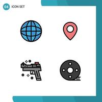 Filledline Flat Color Pack of 4 Universal Symbols of globe weapons twitter firearm cinematography Editable Vector Design Elements