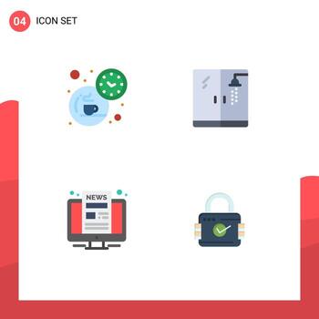 conjunto de iconos planos de interfaz móvil de 4 pictogramas de elementos de diseño vectorial editables de bloqueo de ducha de tiempo de noticias de descanso vector